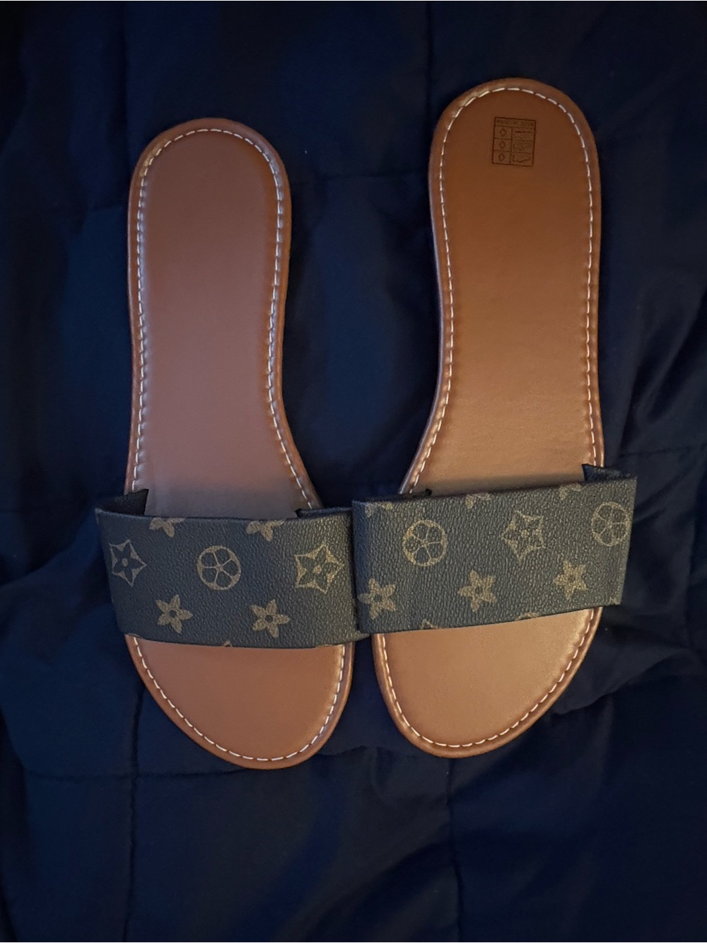 Women's Brown Slide Sandals with Patterned Strap